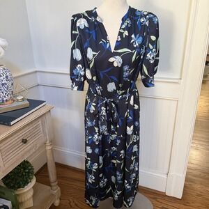 Ann Taylor Factory Navy Floral V-Neck Puff Sleeve Midi Dress Belted Large NEW